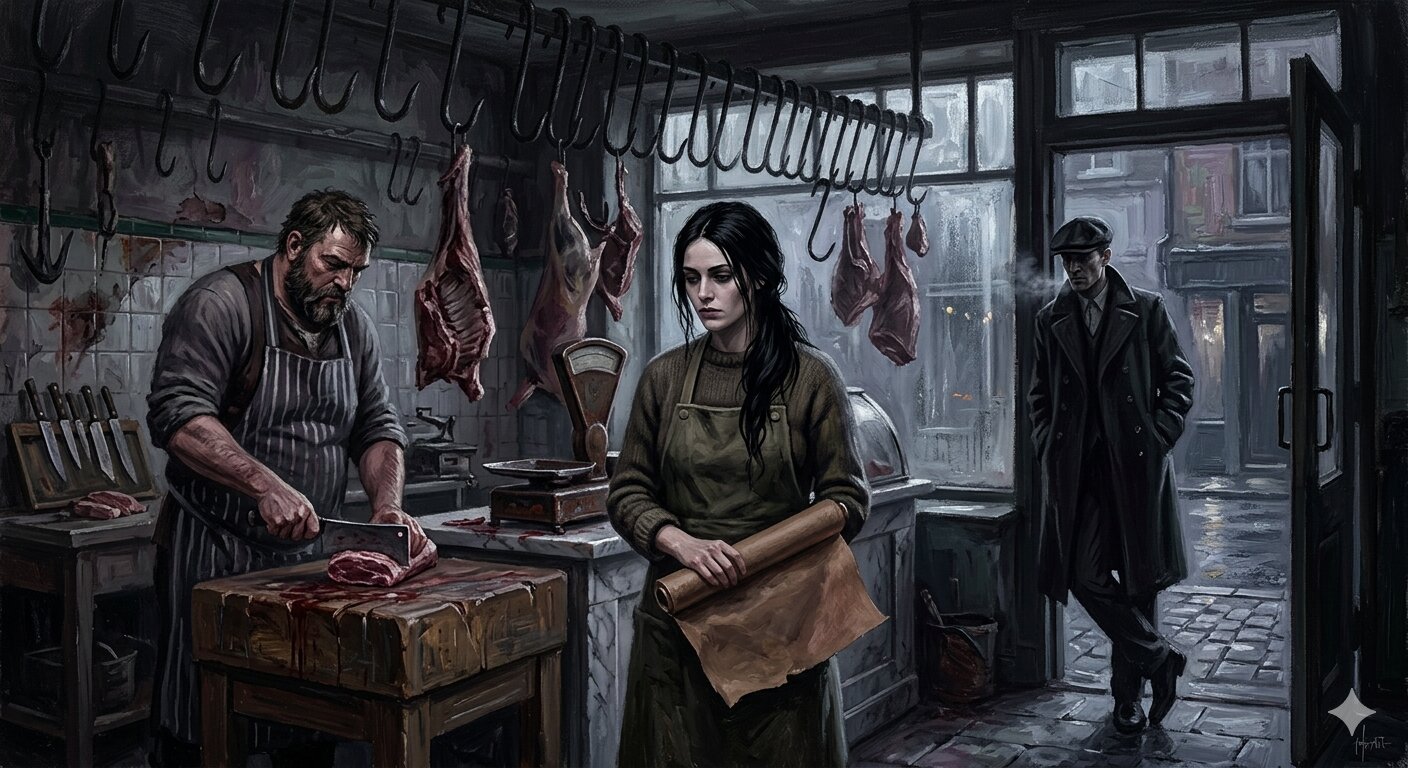 A butcher shop with hooks