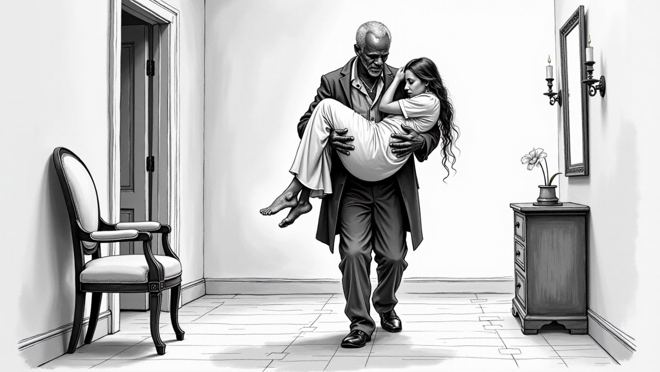 A black butler carrying a woman asleep