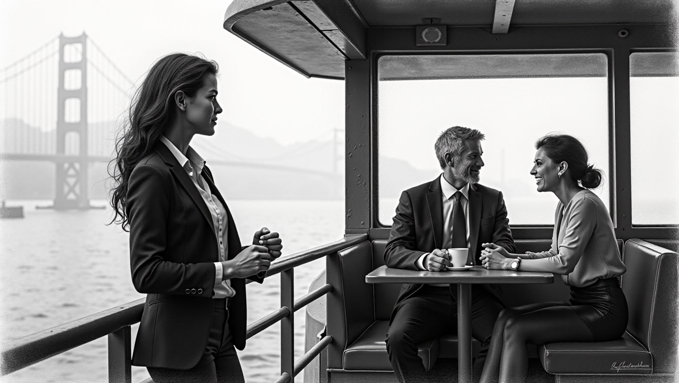 A girl watching a couple on a ferry.