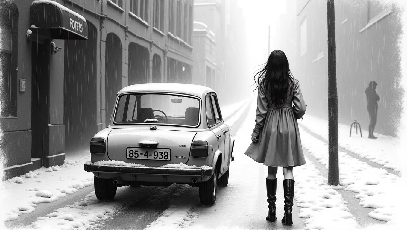 A girl outside the car under the rain.