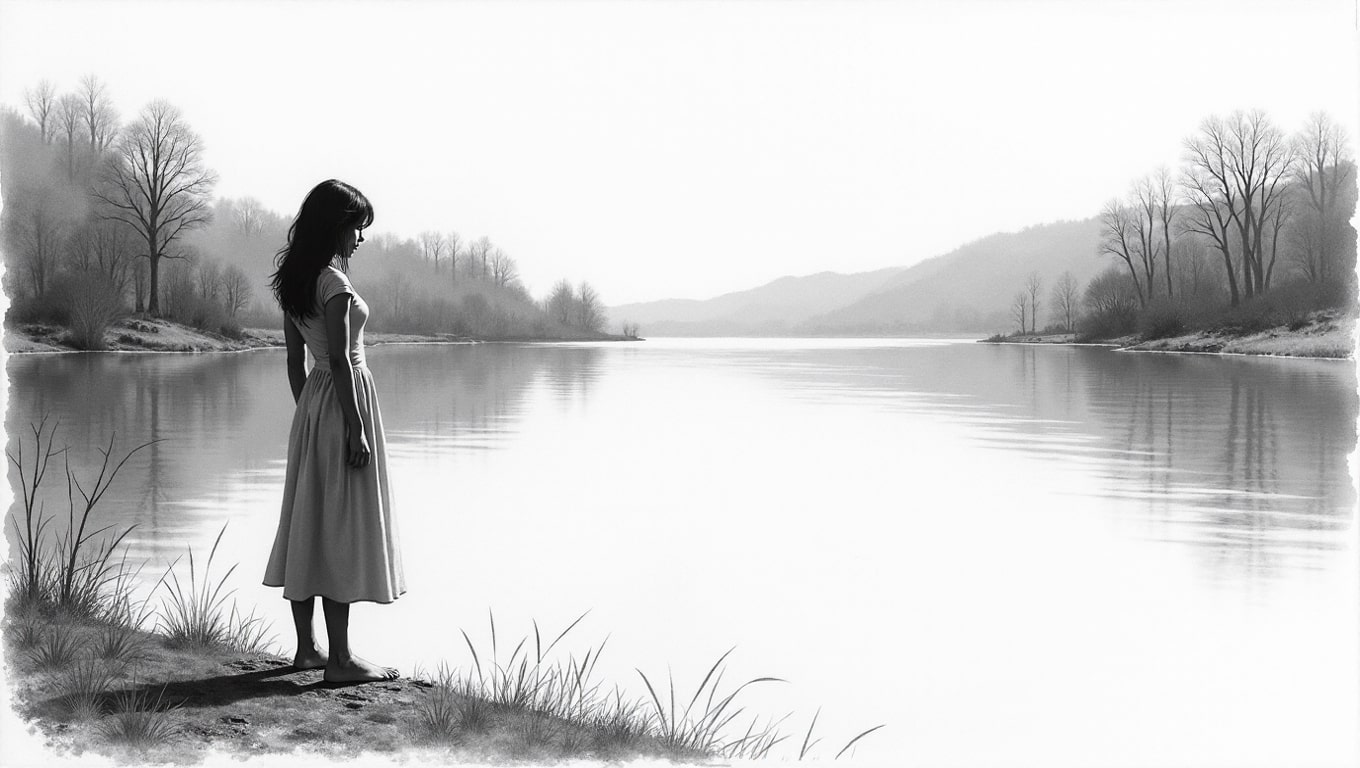 A woman's looking at a lake