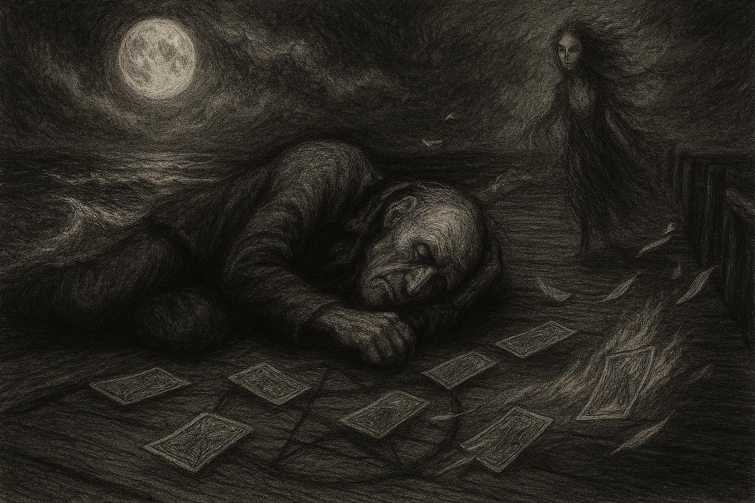 An old man sleeping on the floor surrounded by occult books and tarot cards