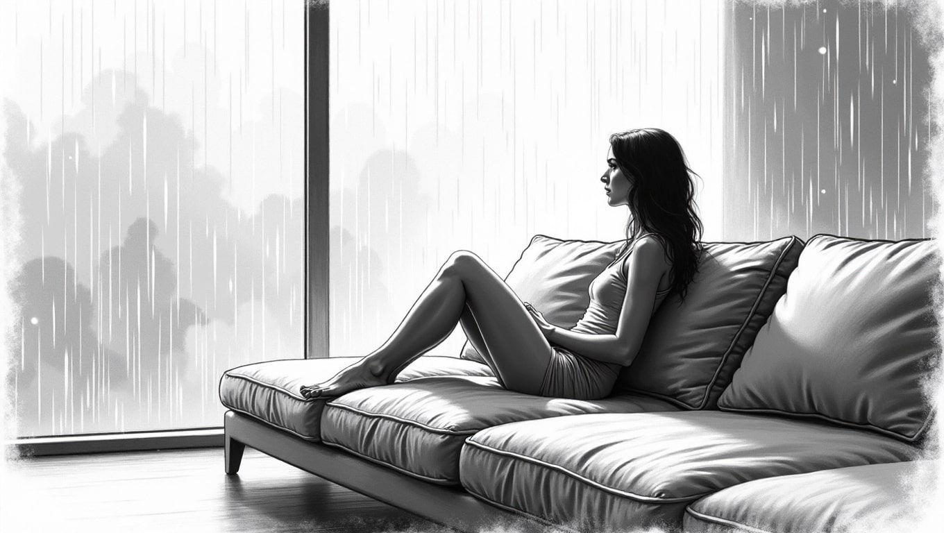 A woman looking outside the window at the rain