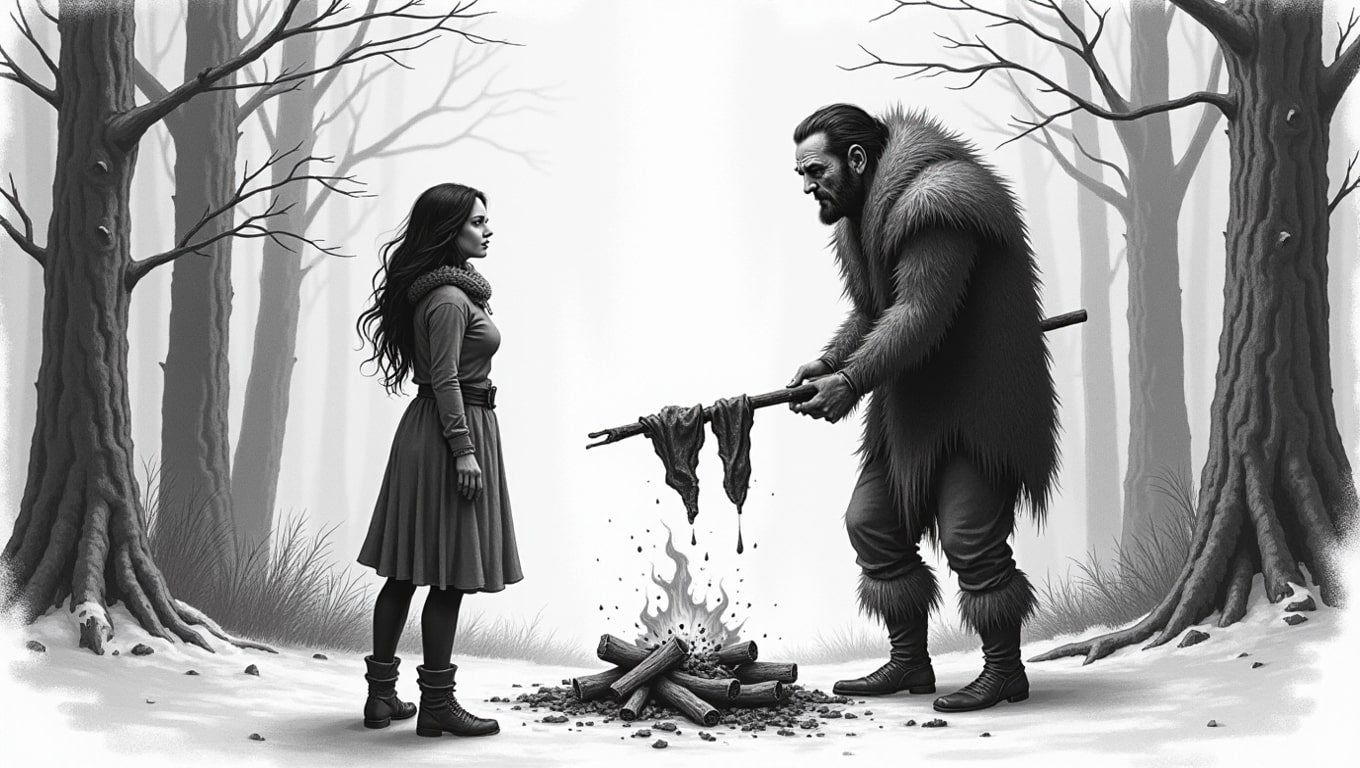 A woman looking at an Ogre by the fire in the woods.